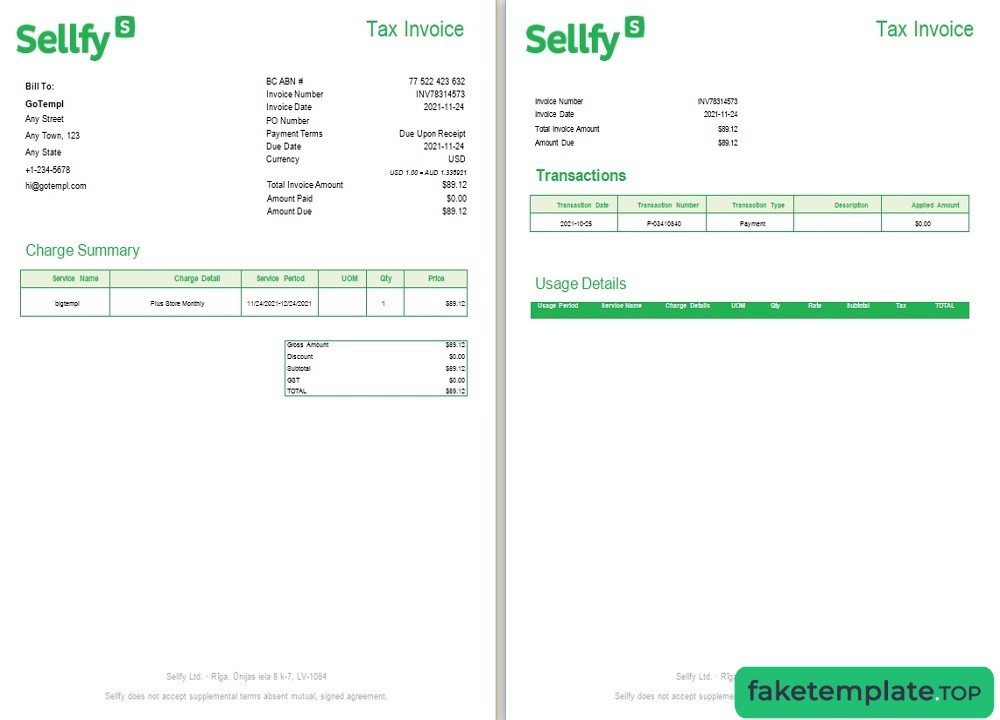 Feature of fake Latvia Sellfy tax invoice example